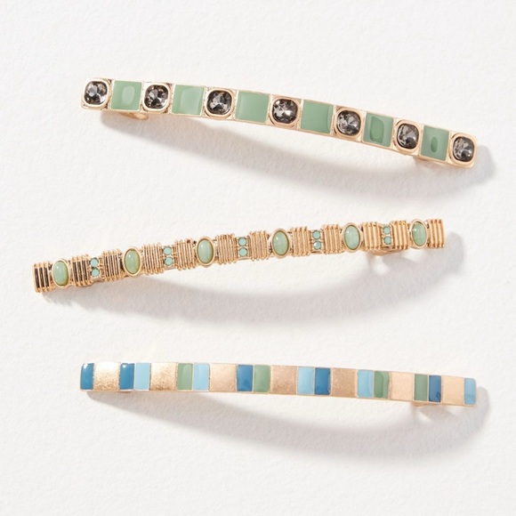 Anthropologie Mixed Enamel Barrettes Blue Green Mixed Metal Set of Three New - Picture 1 of 4